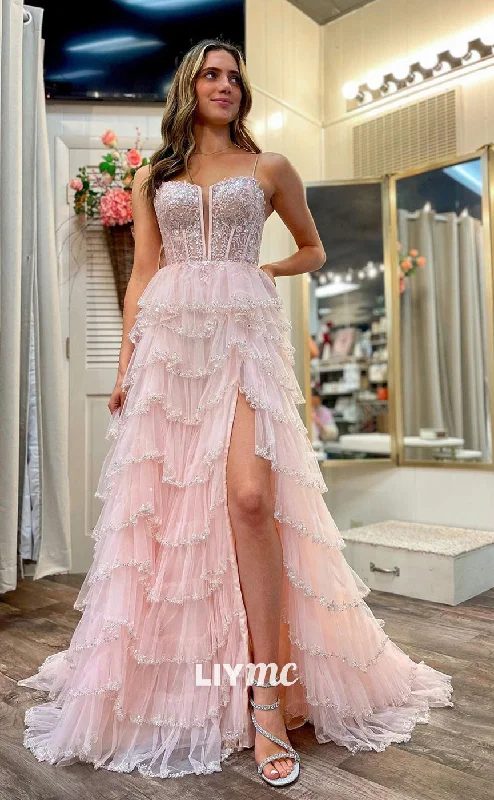 LP1201 - A Line Illusion V Neck Lace Appliques Semi Formal Prom Dress with Slit Lace Dress Trend