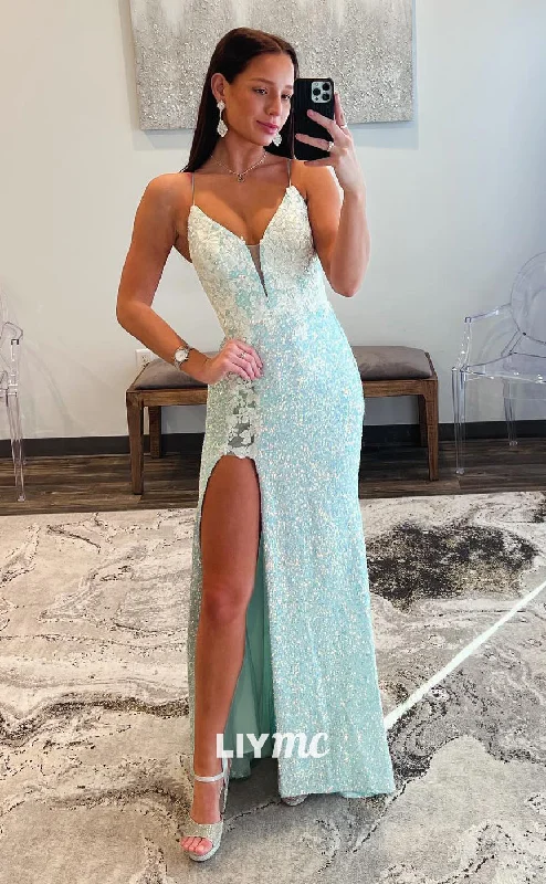 LP1315 - V-Neck Spaghetti Straps Lace- Up Appliques Glitter Prom Dress Lace Wedding Dress