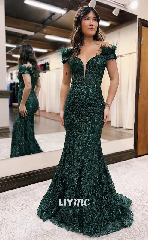 LP923 - Plunging V neck Feathers Lace Mermaid Formal Prom Dress Layered Lace Dress