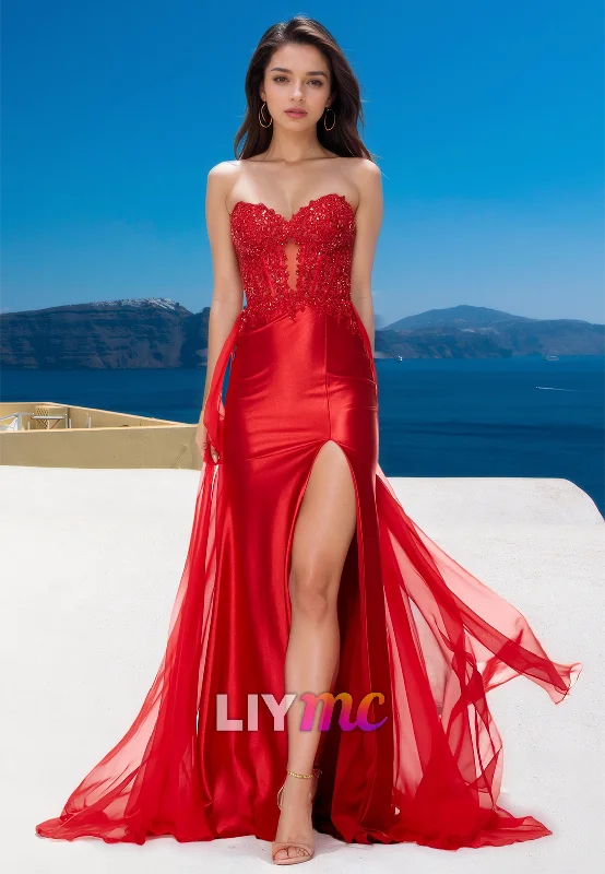 Sweetheart Strapless Lace Appliques Side Slit Sheath Prom Dress Sexy Lace Gown