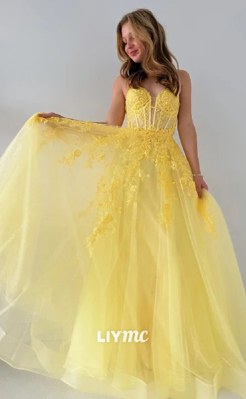 LP1030 - A Line Plunging Illusion V Neck Lace Appliques Yellow Formal Prom Dress Simple Lace Dress