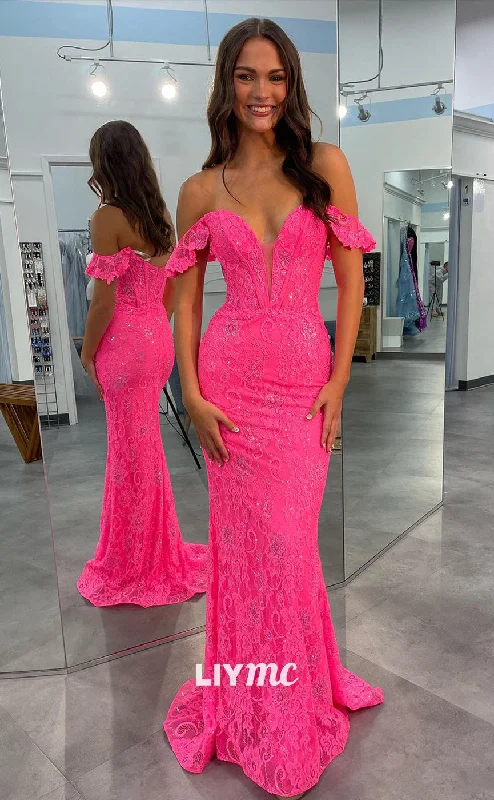 LP857 - Plunging V neck Pink Lace Mermaid Long Semi Formal Prom Dress Lace Dress Classic