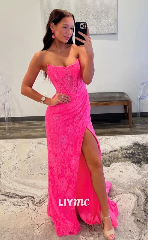 LP1259 - Sweetheart Lace Appliqued Pleats High Slit Sexy Prom Dresses Off-shoulder Lace Dress