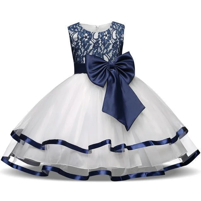 Girls Dress Princess Lace Flower Girl Dress 4-10 Years Blue White Lace Dress Accent