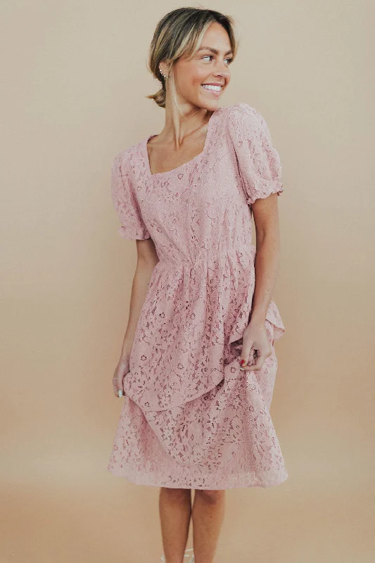 *Chloe Lace Dress In Pink FINAL SALE Off-the-shoulder Lace