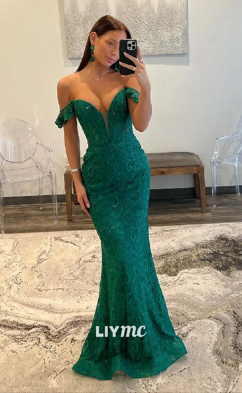 LP1080 - Off Shoulder Illusion V Neck Lace Mermaid Formal Prom Dress Lace Dress Design