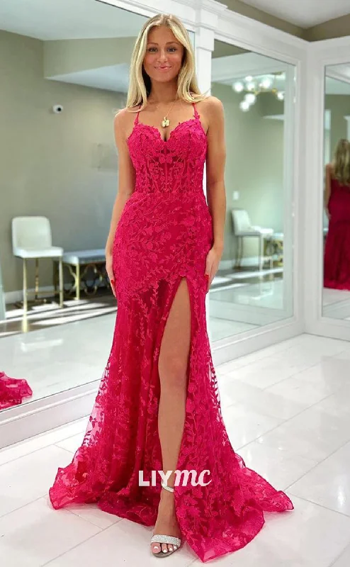 LP1307 - Spaghetti Straps Lace Appliques Sheer Mermaid Prom Dress Lace Bodycon Dress