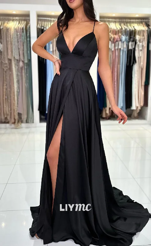 LP1339 -  A-Line Low V Neck Starps Lace-Up Sweep-Length Prom Dress Lace Dress Modern