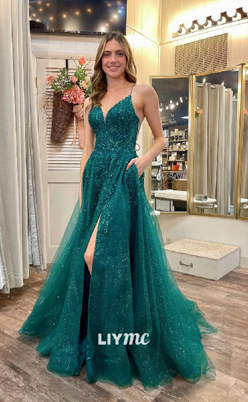 LP1189 - A Line V Neck Lace Appliques Long Formal Prom Dress with Pockets Lace Dress Fashion