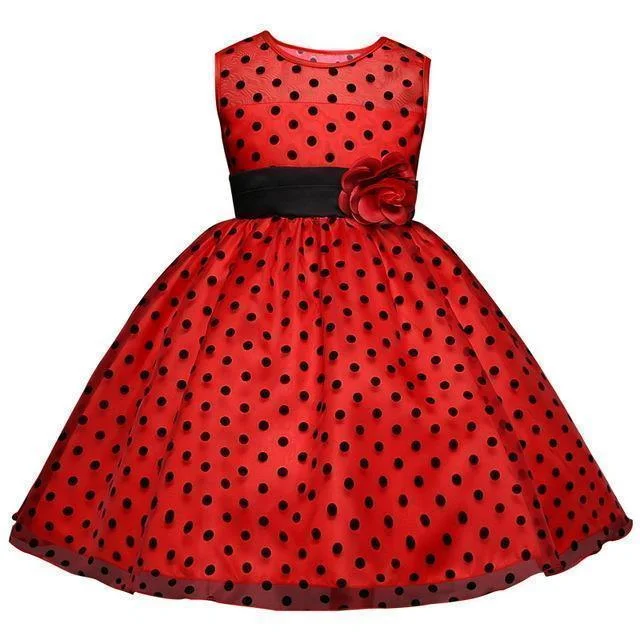 Girls Polka Dots Dresses Princess Lace Flower Girl Dress 4-10 Years Lace Wedding Gown