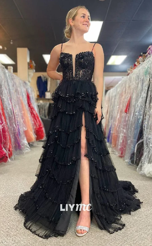 LP1197 - A Line Illusion V Neck Lace Appliques Black Formal Prom Dress with Slit Boho Lace Dress