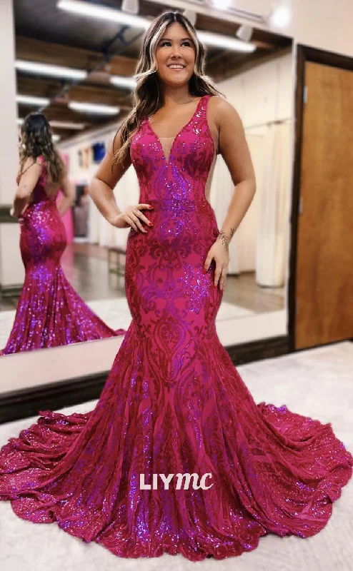 LP1020 - Plunging V Neck Lace Mermaid Formal Prom Dress Lace Shift Dress