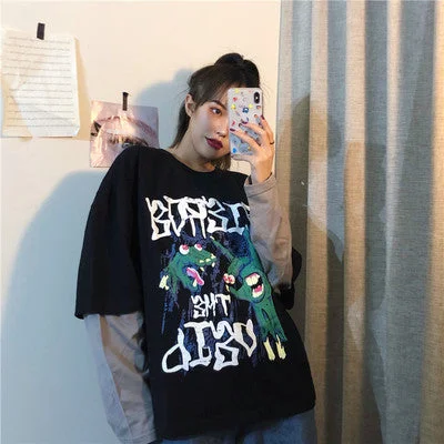 Spring sports fake two-piece hedging cartoon T-shirt women loose Comfortable Hoodie Sweatshirt