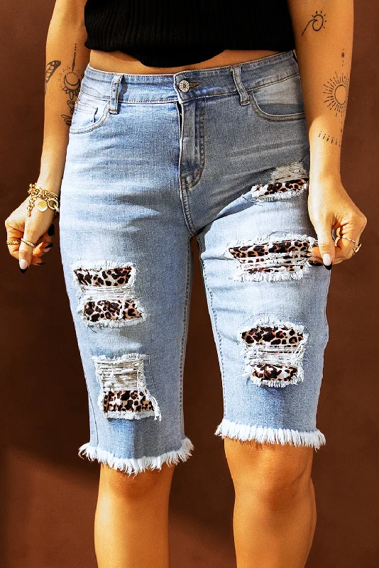 Mid-rise Ripped Leopard Patches Denim Bermuda Shorts