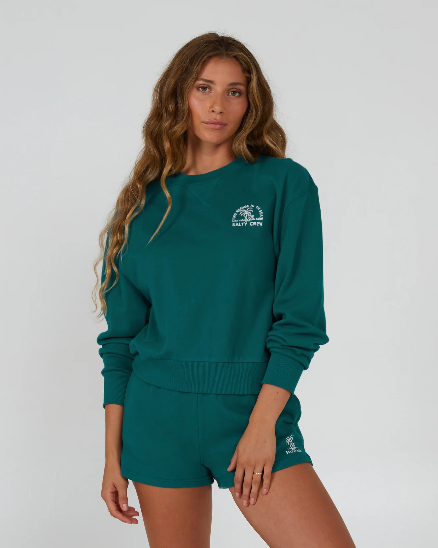 Salty Crew Womens Sandbar Crewneck Sweatshirt- Kelp Cozy Hoodies & Sweatshirts