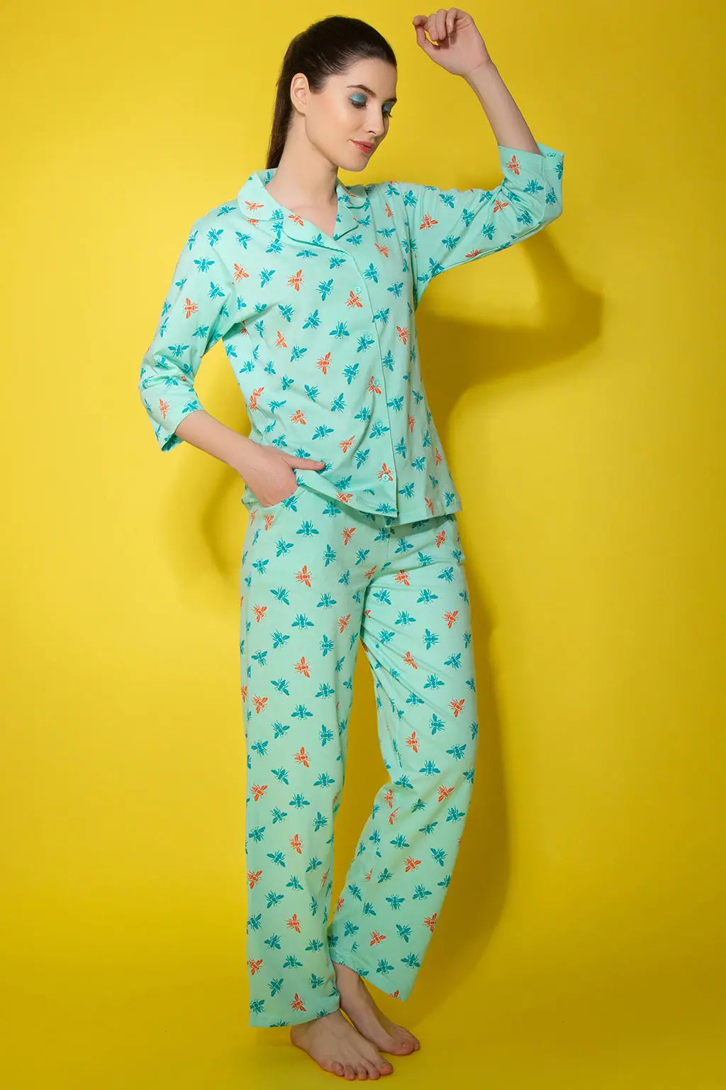 Bug Print Button Down Shirt & Pyjama Set in Sky Blue - 100% Cotton Funny graphic pajama sets