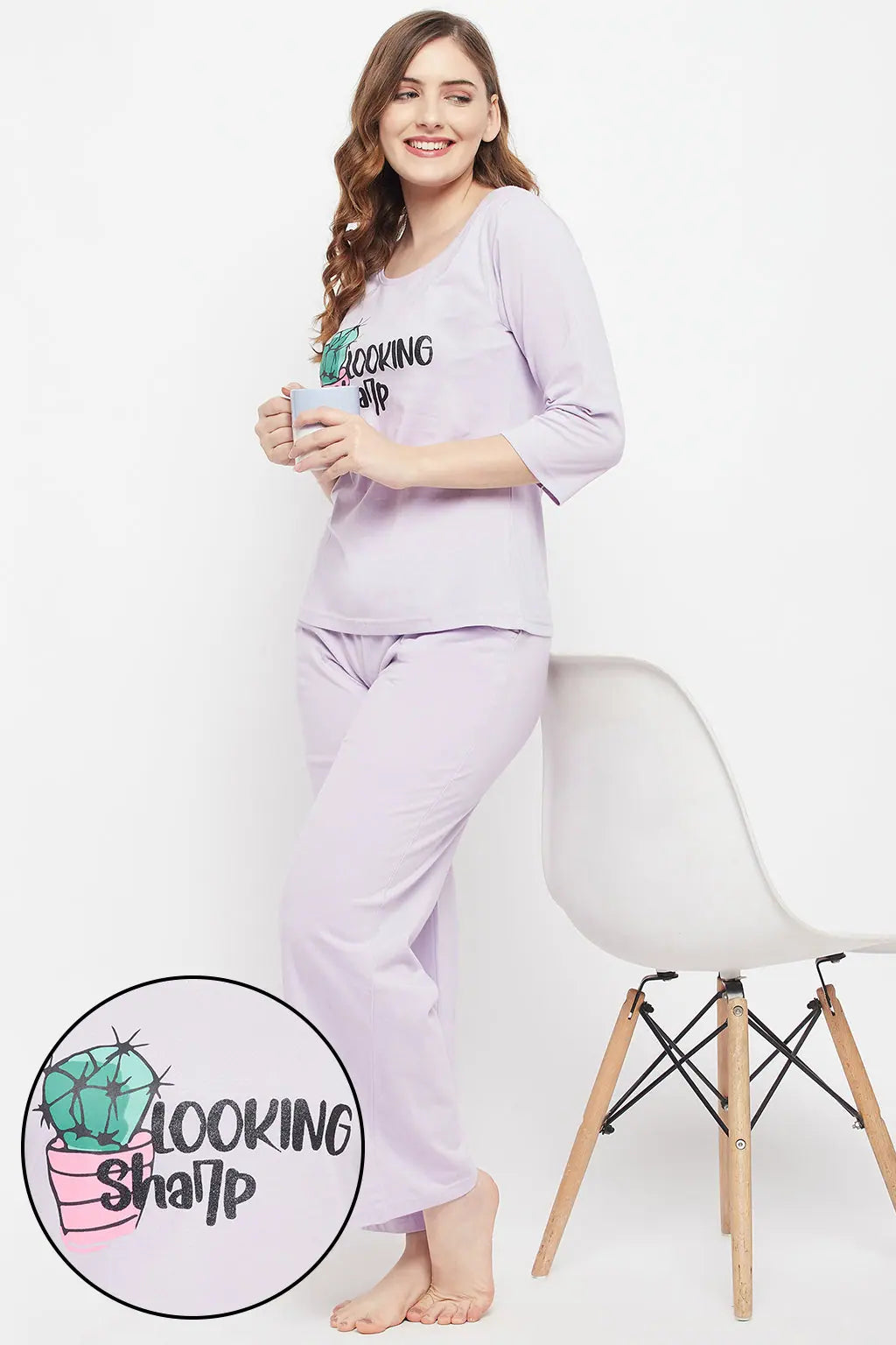 Cactus Print Top & Pyjama Set in Lilac - 100% Cotton Spring pajama sets