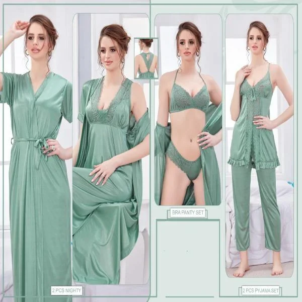 Fancy Indian Silk Bridal Nighty Set 6pc For Women Fleece pajama sets