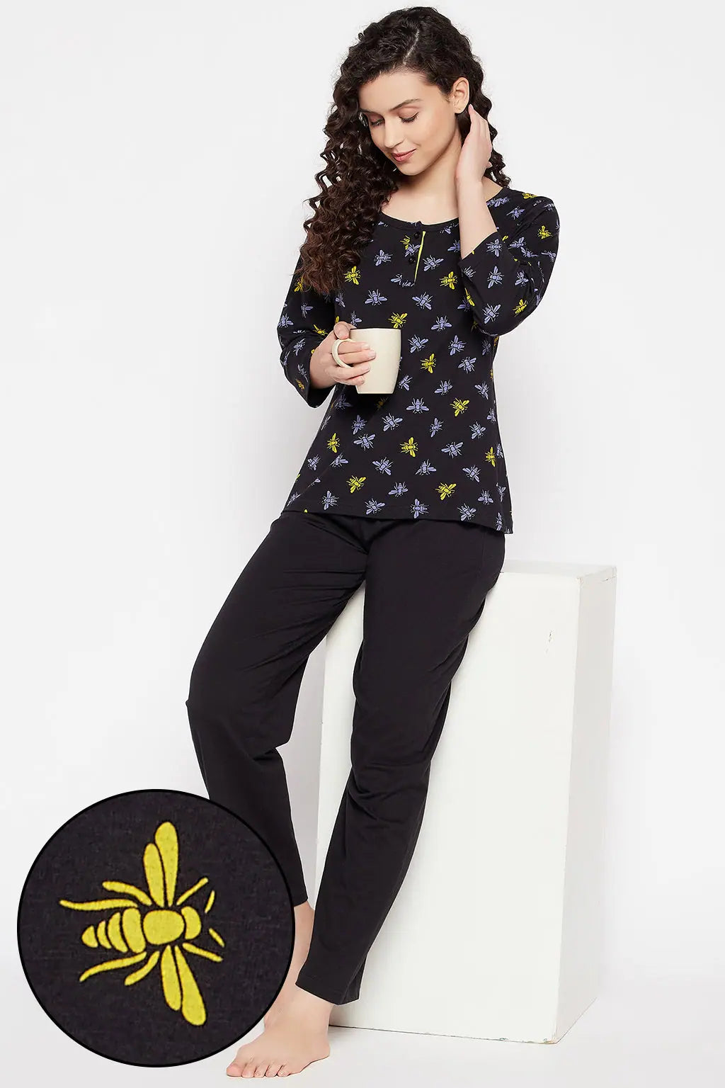 Fly Print Top & Solid Pyjama Set in Black - 100% Cotton Cheap pajama sets