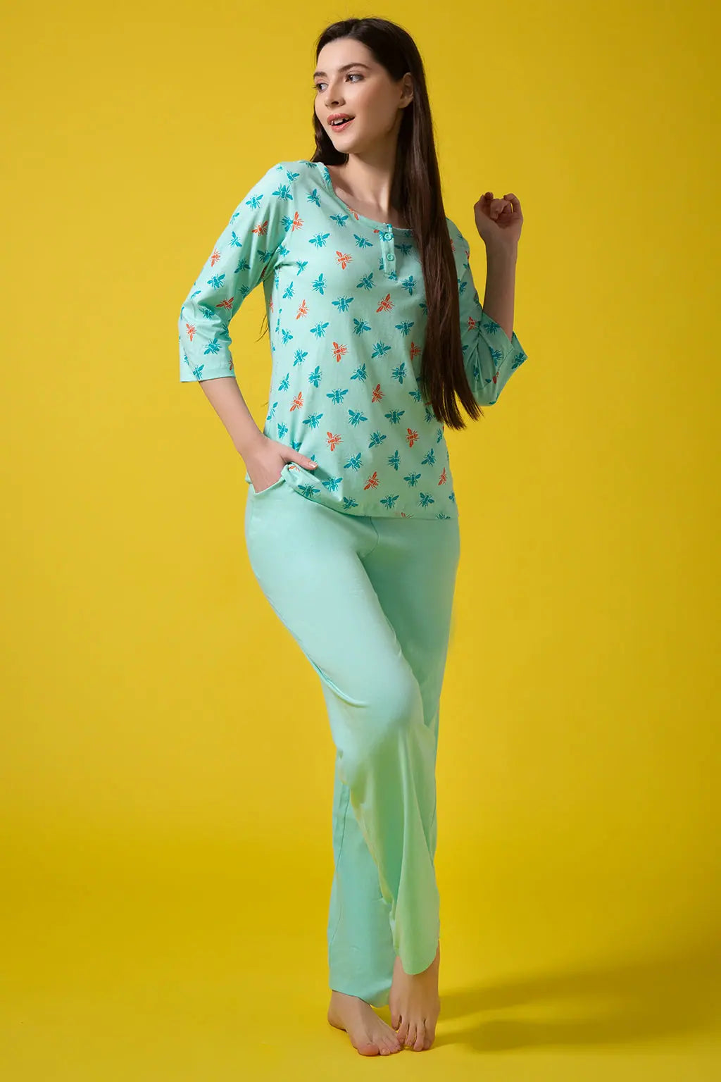 Fly Print Top & Solid Pyjama Set in Sky Blue - 100% Cotton High-end pajama sets