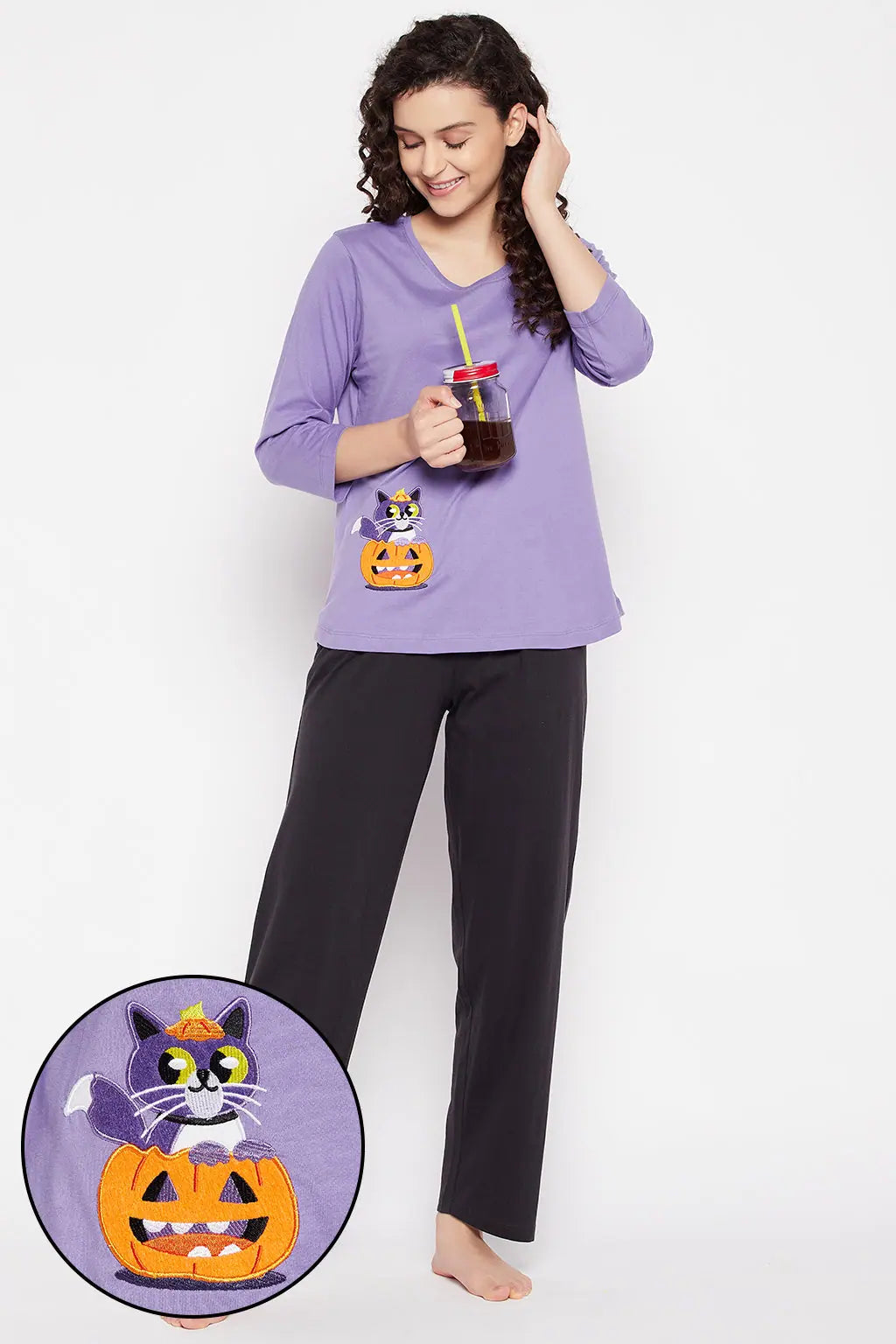 Halloween Print Top & Solid Pyjama Set in Lavender - 100% Cotton Couple pajama sets