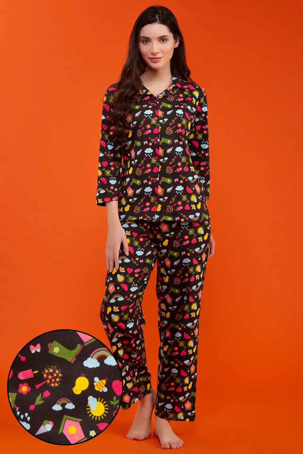 Print Me Pretty Button Down Shirt & Pyjama Set in Black - 100% Cotton Softest pajama sets