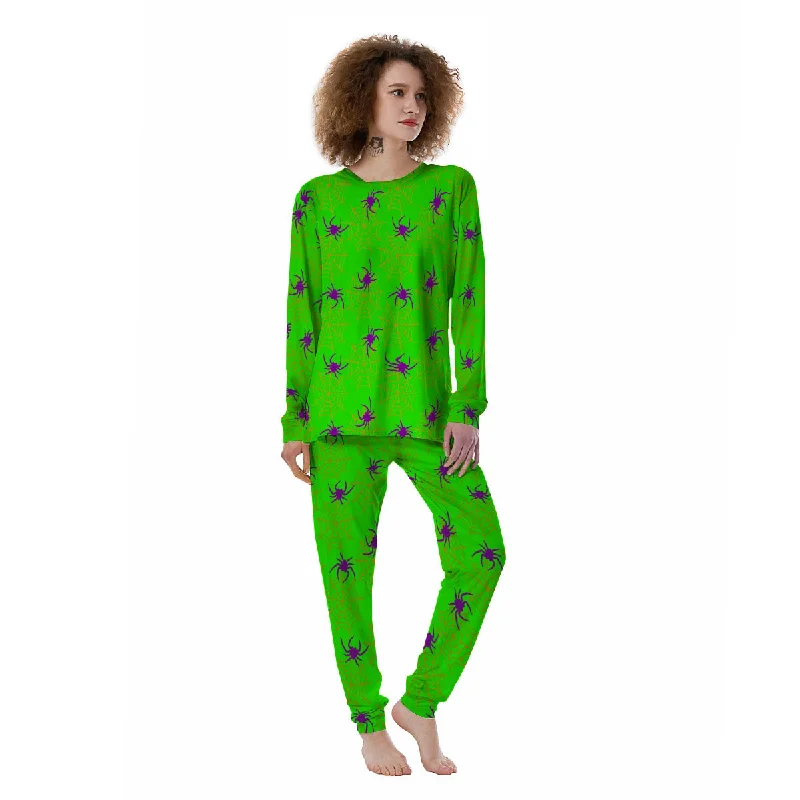 Spider Web Green And Purple Print Pattern Women's Pajamas Knitted pajama sets