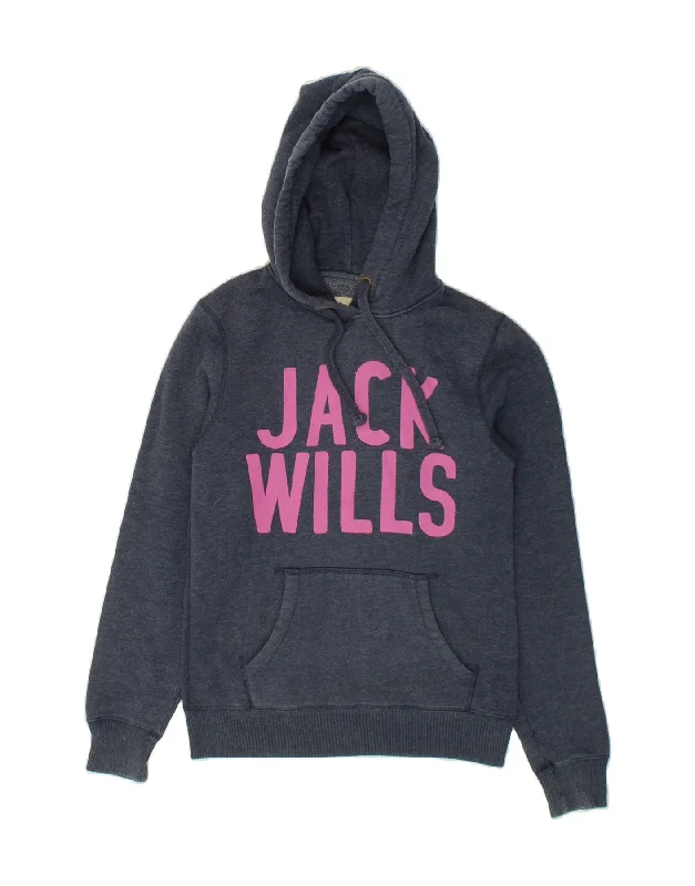 JACK WILLS Womens Graphic Hoodie Jumper UK 10 Small Navy Blue Cotton Warm sweaters