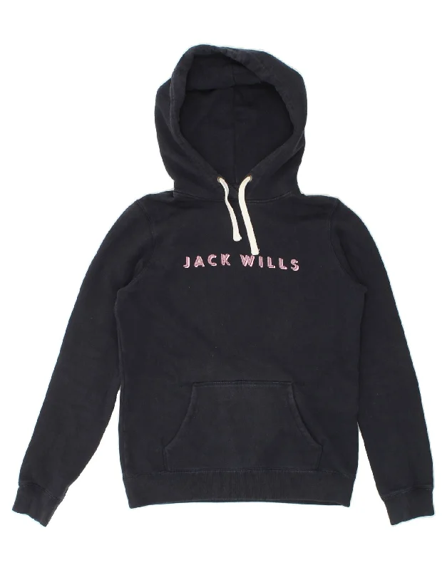 JACK WILLS Womens Graphic Hoodie Jumper UK 10 Small Navy Blue Cotton Turtleneck sweaters