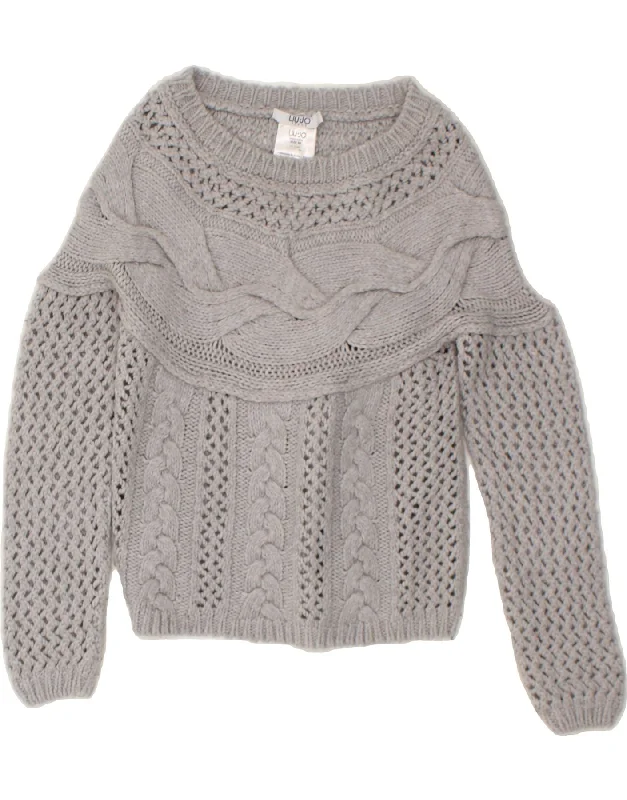 LIU JO Womens Crop See Through Boat Neck Jumper Sweater UK 4 XS Grey Christmas sweaters