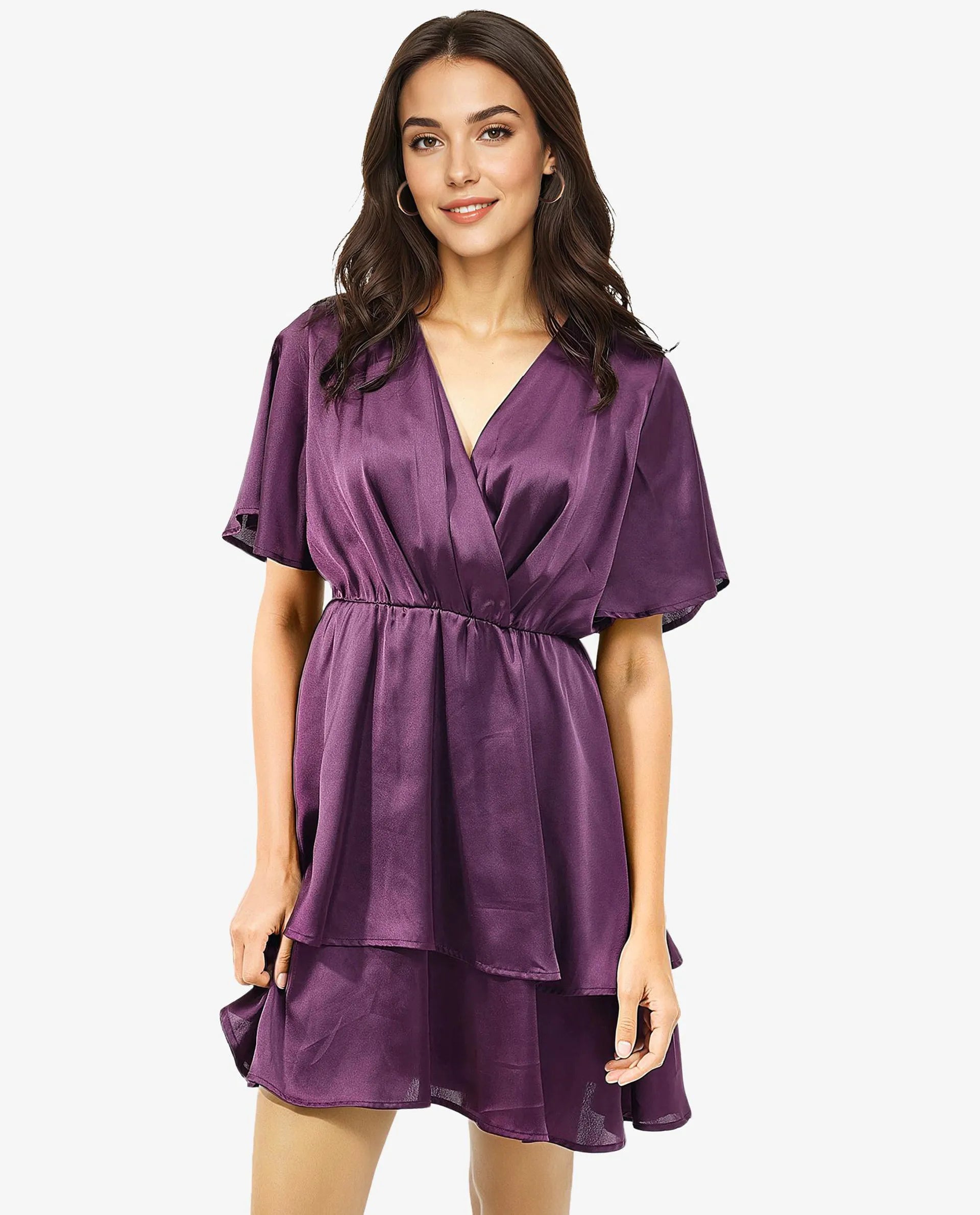 Rareism Women Creola Dark Purple Polyester Fabric Overlap Neck Mini Dress Sleeveless mini dresses