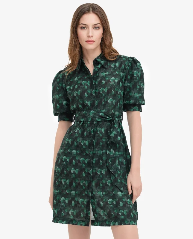 Rareism Women Cynthia Dark Green Linen Fabric Geometric Print Collared Dress In Linen Casual mini dresses