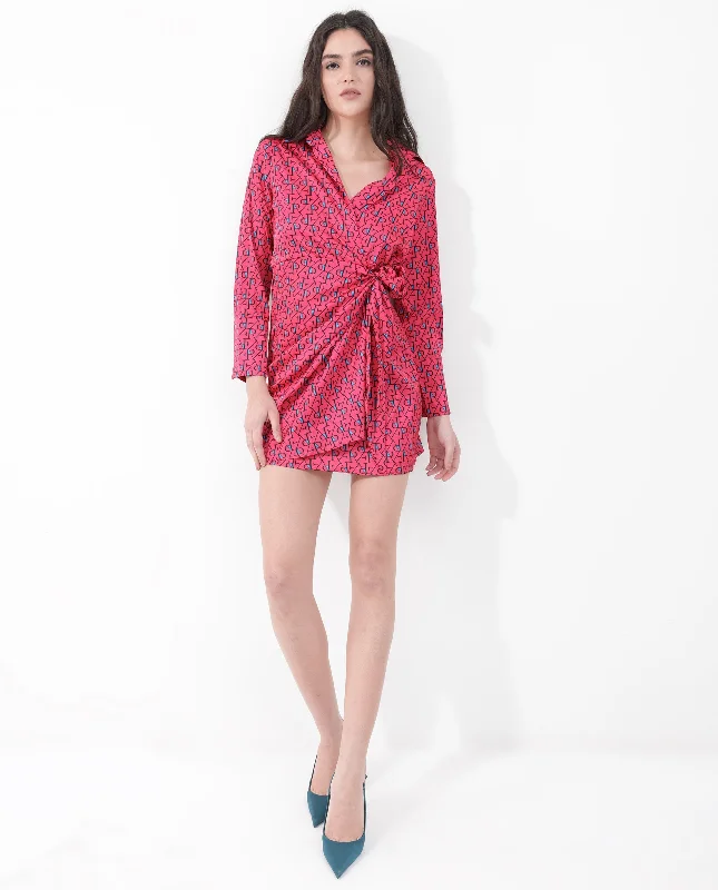 Rareism Women Gangiv Flouroscent Pink Polyester Fabric Regular Sleeves V-Neck Abstract Print Knee Length Dress Sexy little black mini dresses