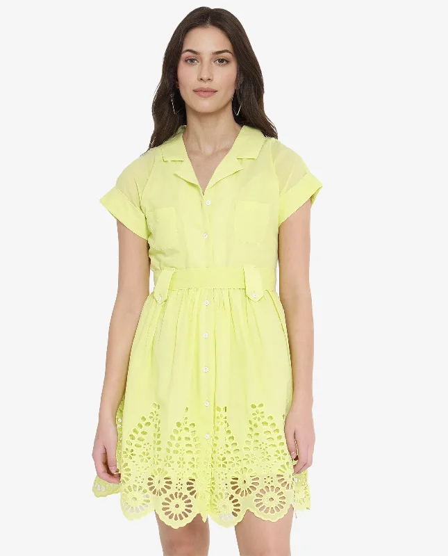 Rareism Women Gunthaar Light Green Cotton Fabric Cap Sleeve Collared Neck Solid Longline Dress Fashion-forward mini dresses