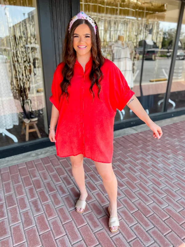 Oversized Button Down Tencel Shirt Dress-Red Lace mini dresses