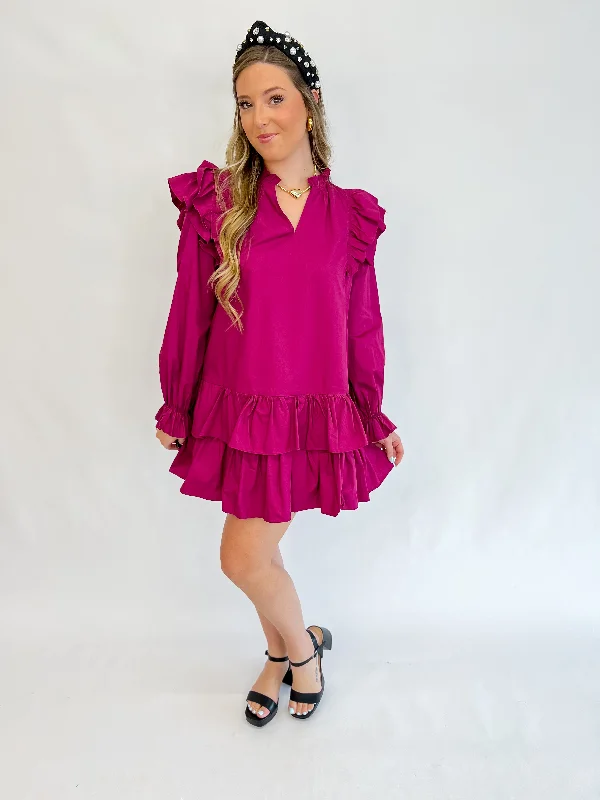 Plum Poplin Ruffle Dress A-line mini dresses