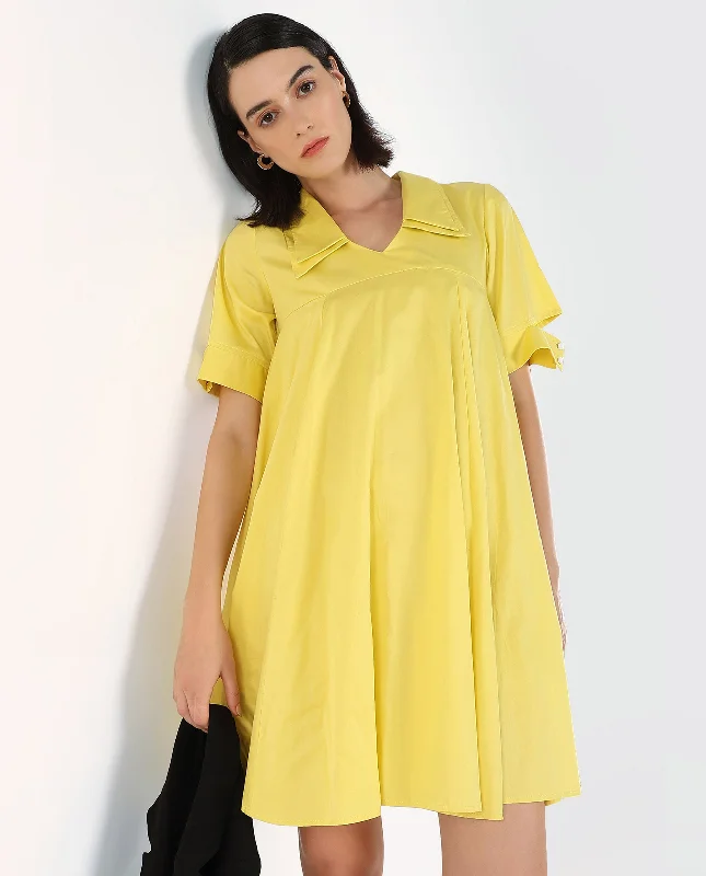 Rareism Women Qurad Yellow Plain Dress Velvet mini dresses