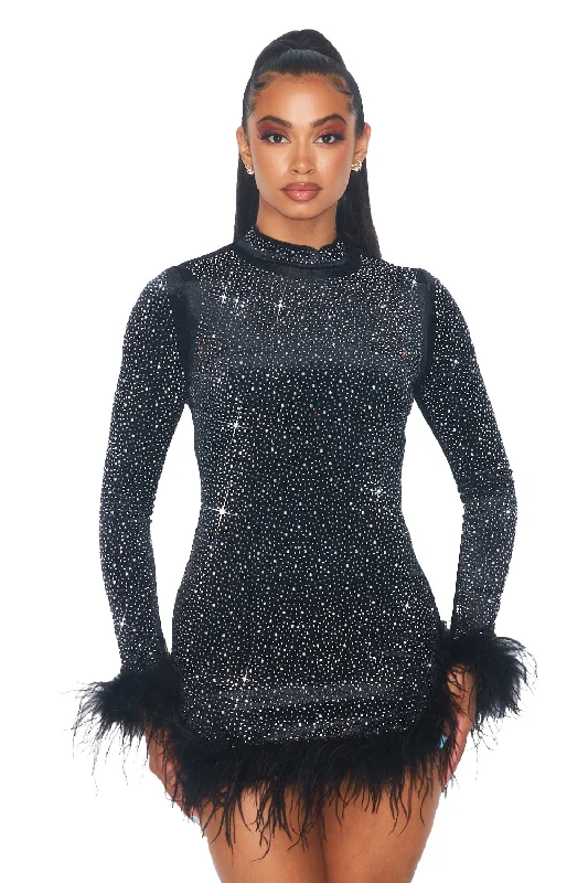 Rhinestone and Feather Velvet Mini Dress Off-shoulder mini dresses