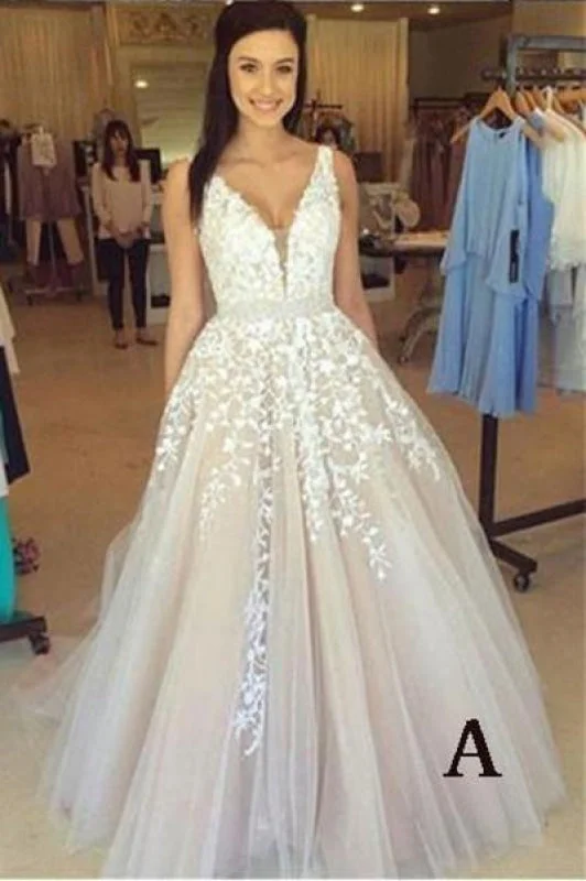 A-line V Neck Sexy Lace Appliques Long Wedding Dress Strapless Wedding Gown