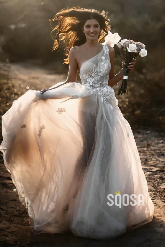 Attractive One Shoulder Tulle Appliques A-line Rustic Wedding Dress Bridal Gowns QW0875 Boho Wedding Gown