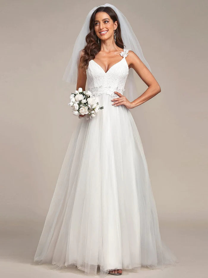 Double V Neck Lace Bodice Floor Length Tulle Wedding Dress Elegant Lace Gown