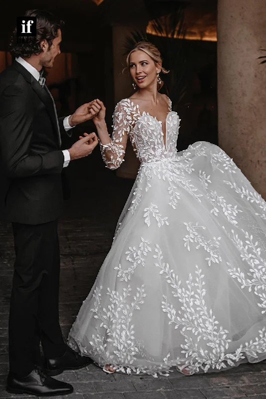 31523 - Elegant Backless V-Neck Long Sleeves Appliques Illusion Wedding Dress Beaded Lace Wedding