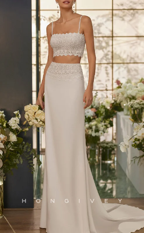 H1575 - Sexy Satin Fitted Two Piece Square Spaghetti Straps Appliques With Train With Train Sparkling Bridal Gown