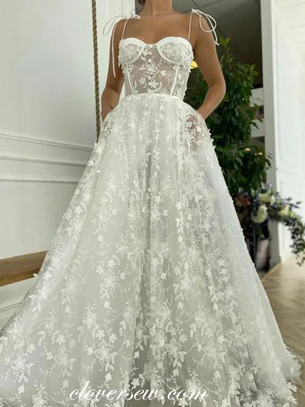 Fashion Lace Illusion Spaghetti Strap French Wedding Dresses, CW0284 Vintage Wedding Gown