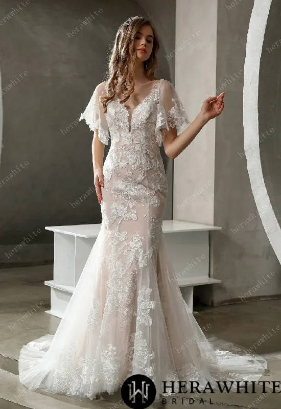 Floral Lace Plunging V-Neck Bridal Gown with Flutter Sleeves Empire Waist Dress