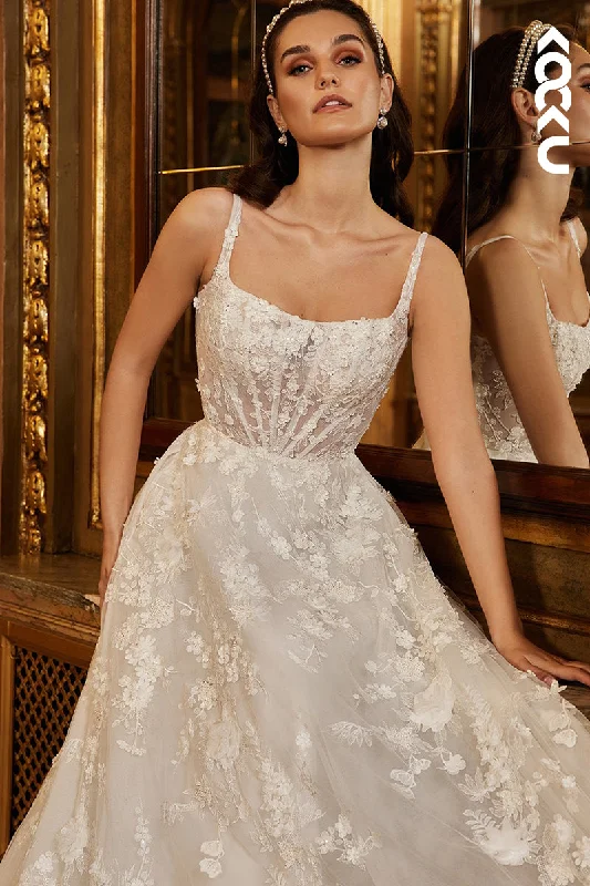 K1946 - Glamorous & Dramatic Square Straps A-line Wedding Dress With Applique Long Sleeve Gown