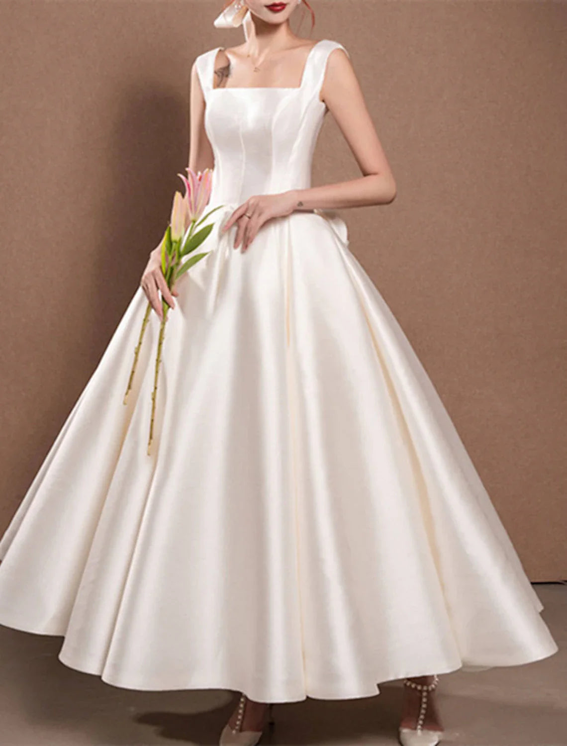 Reception Simple Wedding Dresses Wedding Dresses A-Line Off Shoulder Cap Sleeve Tea Length Satin Bridal Gowns With Pleats Ruched A-line Bridal Dress