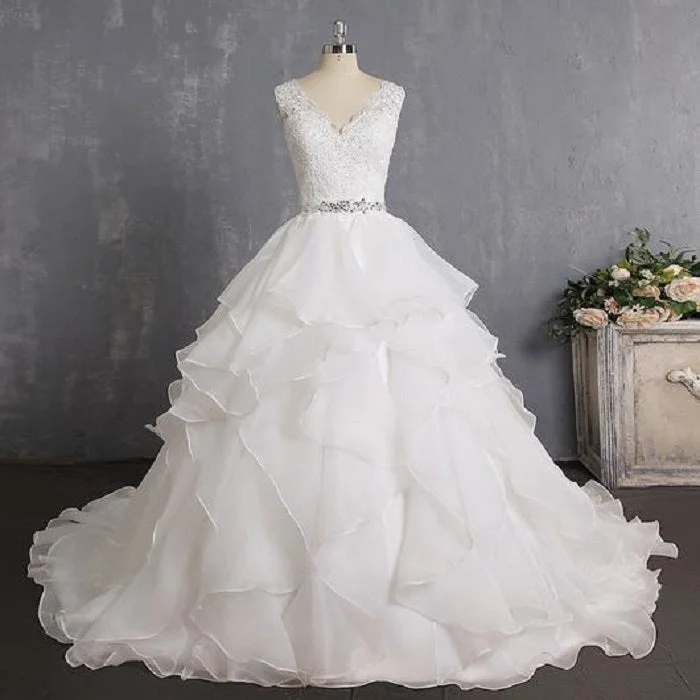 Ruffles Princess Wedding Dresses with Beaded Lace at Bling Brides Floral Lace Wedding