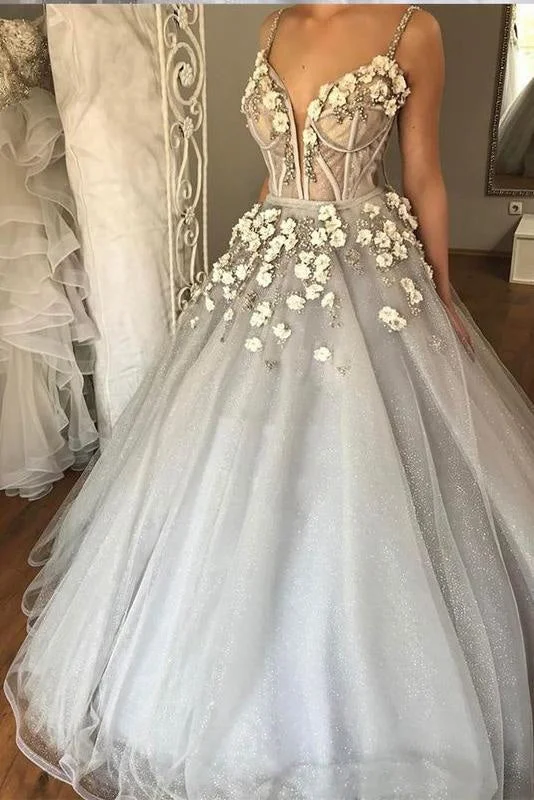 Sexy Straps Ball Gown Appliqued Deep V-neck Wedding Dress Glamorous Wedding Dress