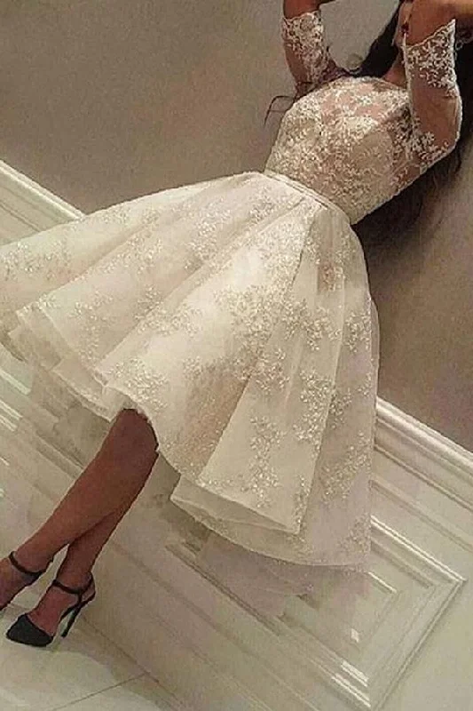 Short A-Line Jewel Neck Wedding Dress with Sleeves and Tulle Lace Classic Lace Gown